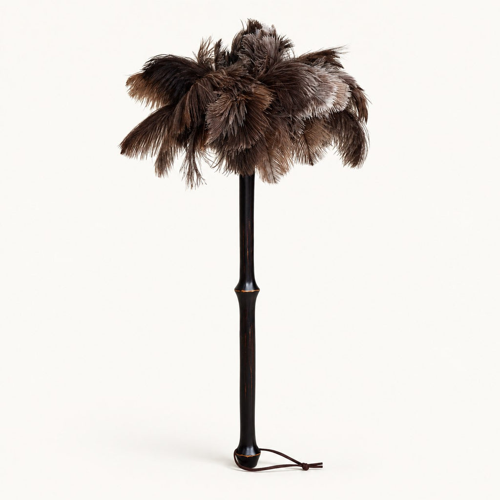 Luvamira Bamboo Reach ostrich feather duster standing upright on a warm off-white background.