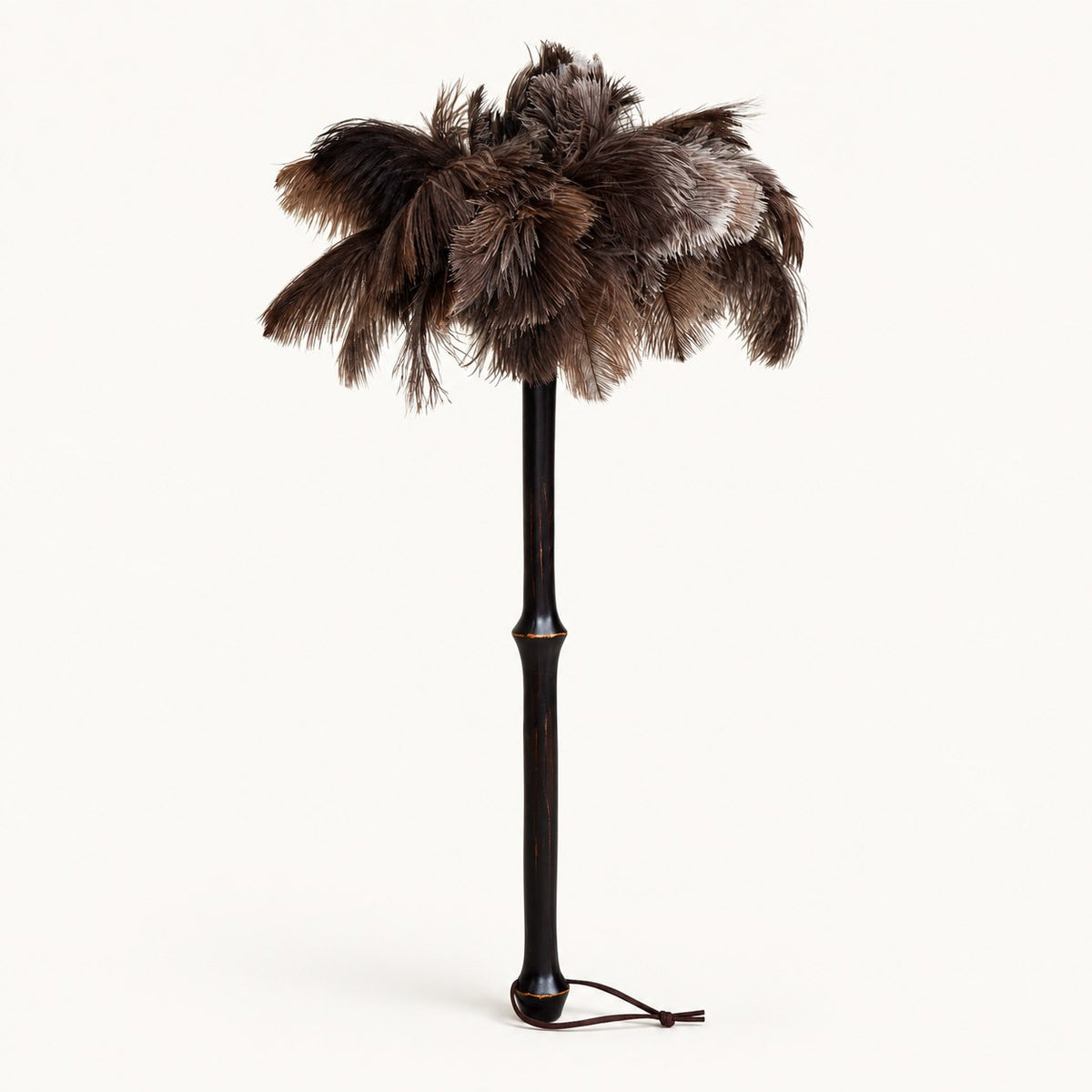 Luvamira Bamboo Reach ostrich feather duster standing upright on a warm off-white background.