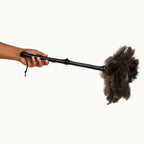 Luvamira Bamboo Reach ostrich feather duster held horizontally to show its longer reach.