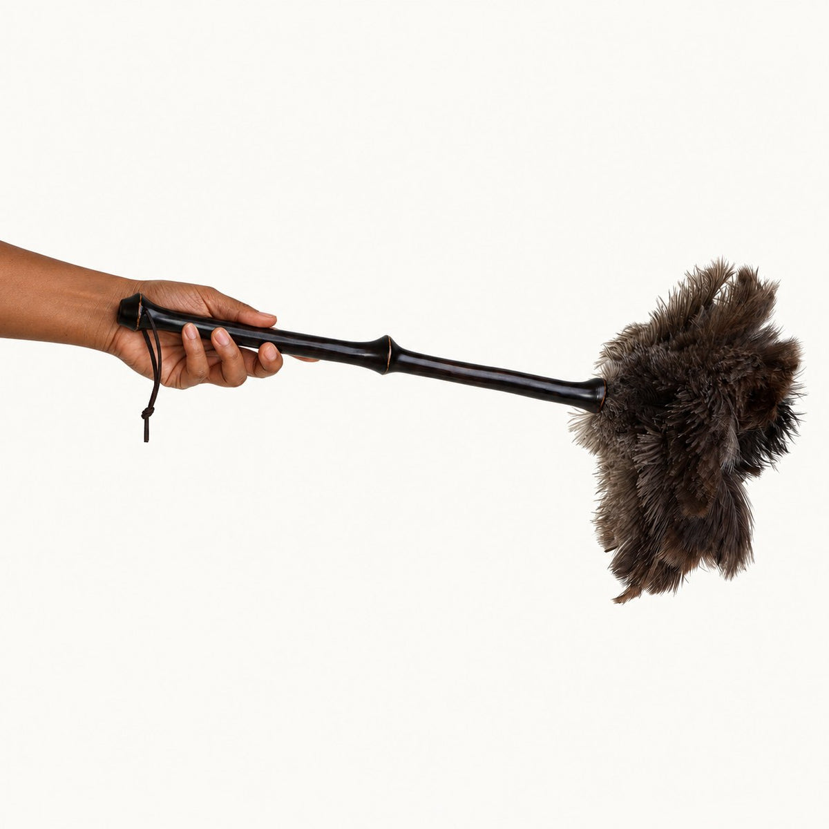 Luvamira Bamboo Reach ostrich feather duster held horizontally to show its longer reach.