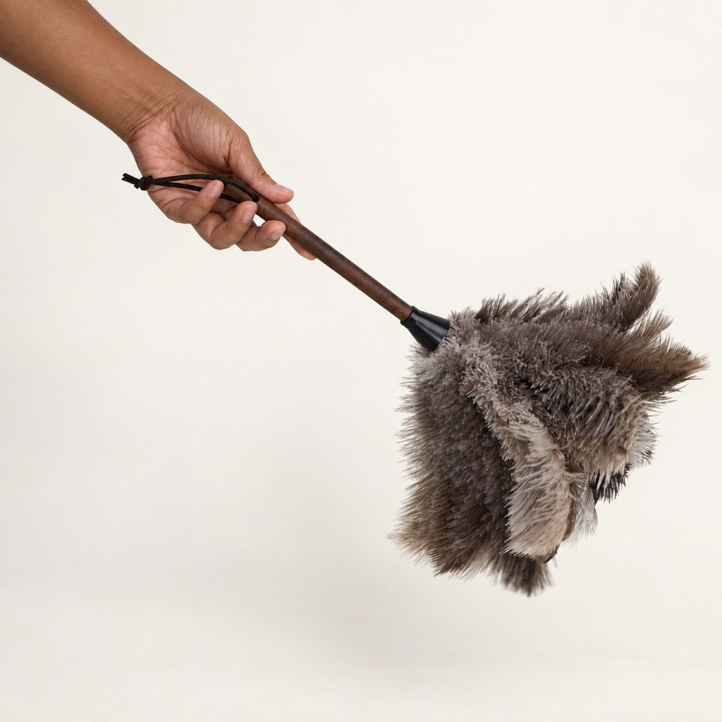 Luvamira Select Handheld ostrich feather duster held horizontally to show size and reach.