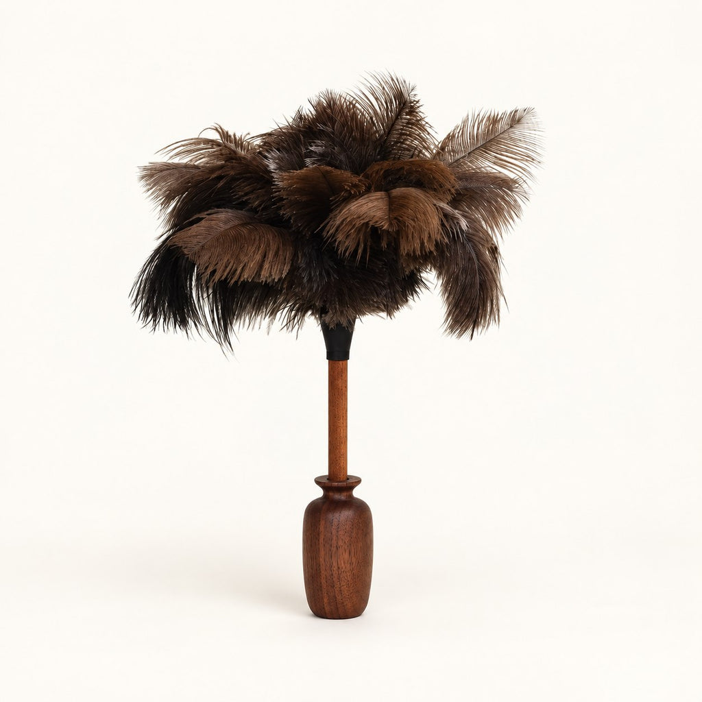 Luvamira dark curved wood stand holding a compatible feather duster