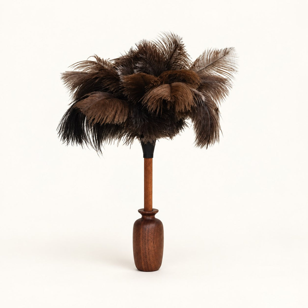 Luvamira dark curved wood stand holding a compatible feather duster