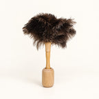 Luvamira natural wood stand holding a light-handle feather duster