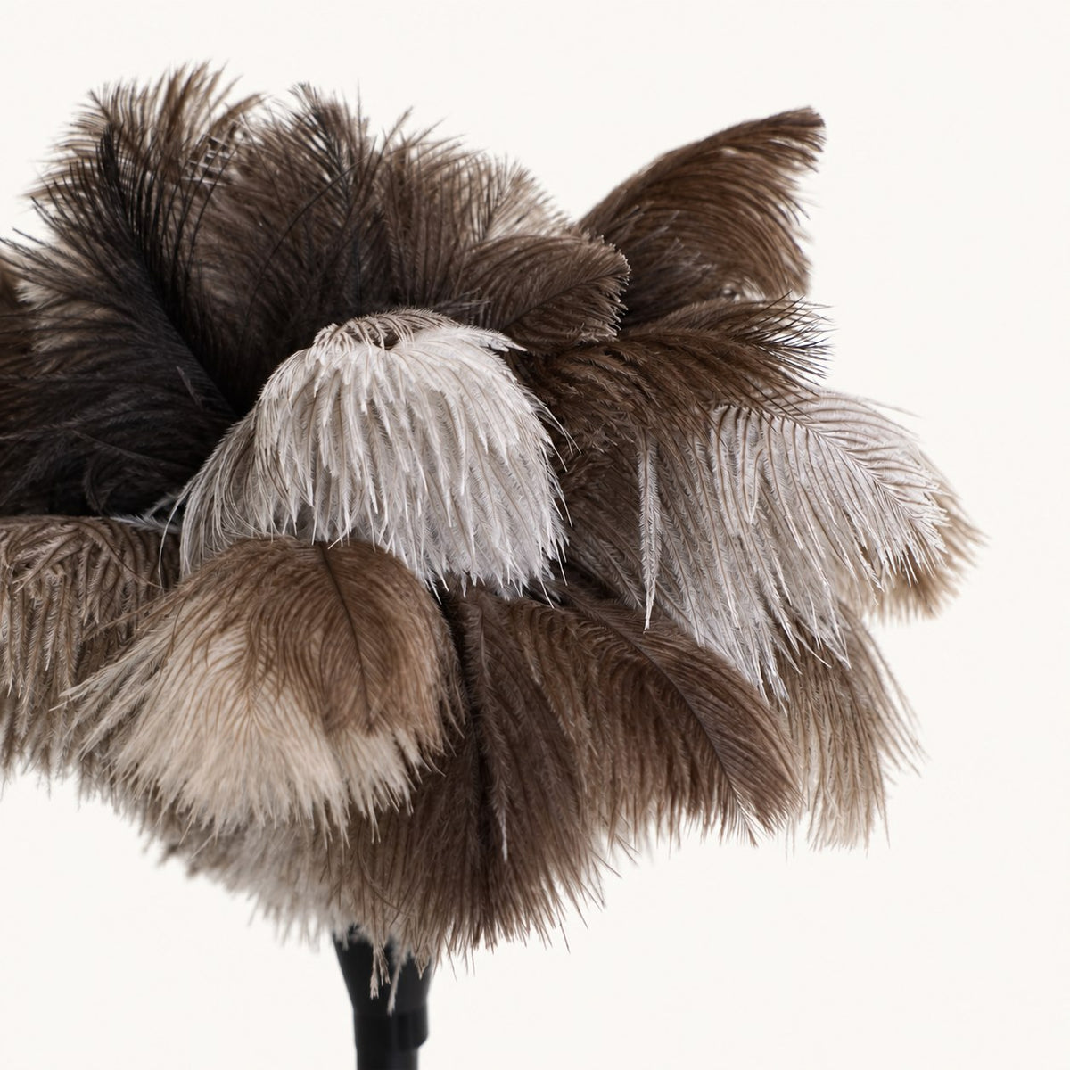 Close-up of the layered gray, taupe and brown ostrich feathers on the Select Handheld duster.