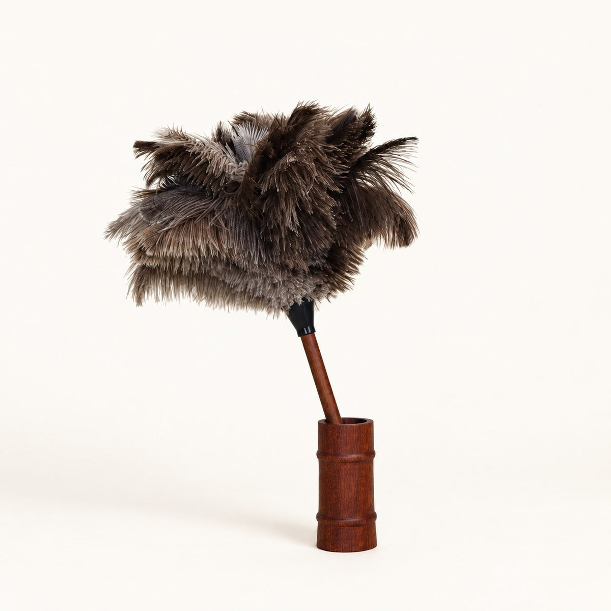 Luvamira tall dark wood stand holding a compatible short feather duster