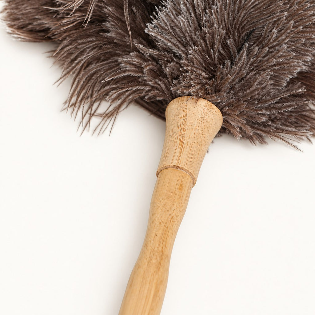 Pale beech wood collar and feather root detail on the Luvamira Classic Handheld duster.