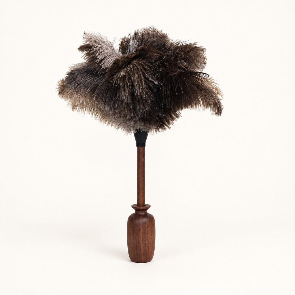Luvamira dark curved wood stand with compatible feather duster alternate view