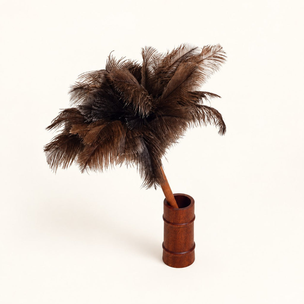 Luvamira tall dark wood stand and compatible short feather duster close angle