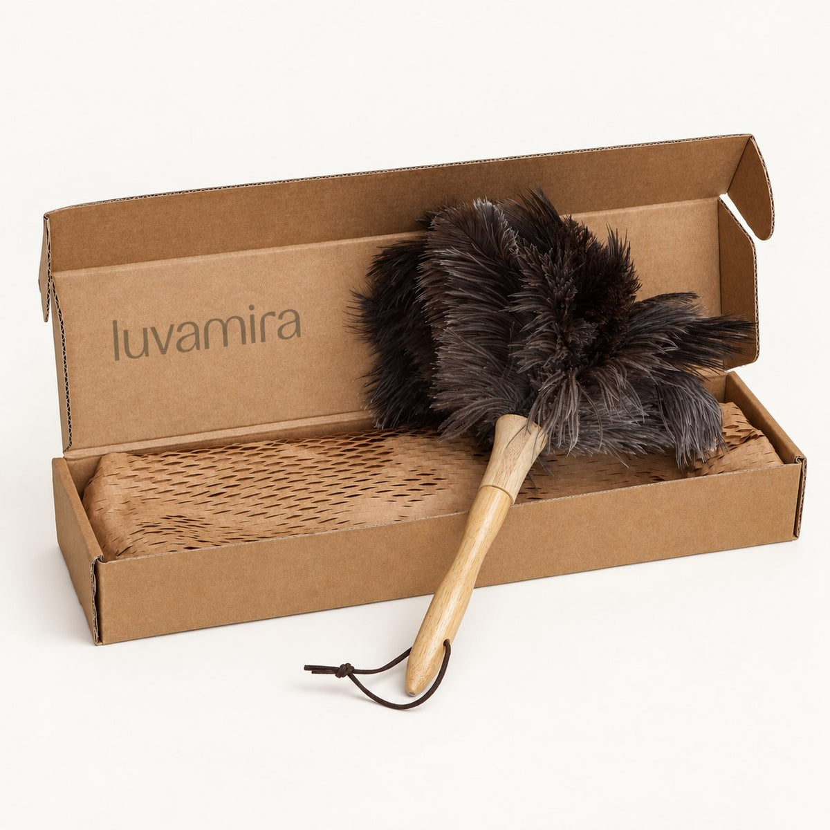 Luvamira Classic Handheld ostrich feather duster presented in its branded kraft box.