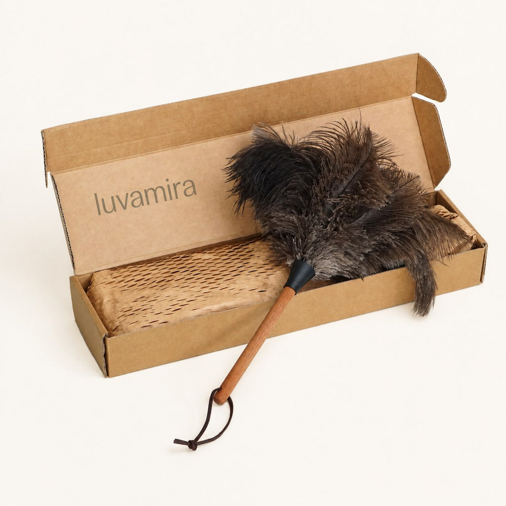 Luvamira Essential Handheld ostrich feather duster presented in its branded kraft box.