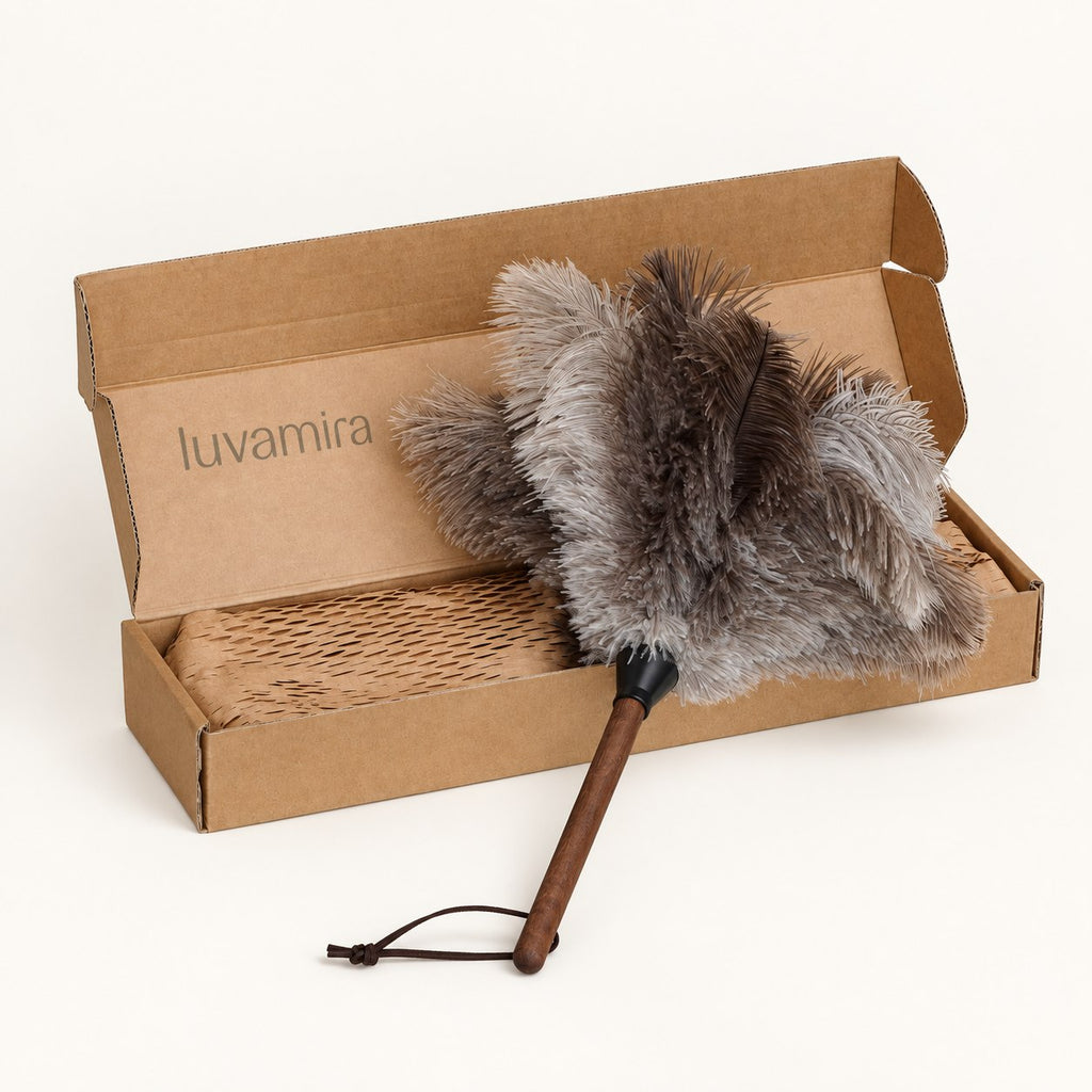 Luvamira Select Handheld ostrich feather duster presented in its branded kraft box.