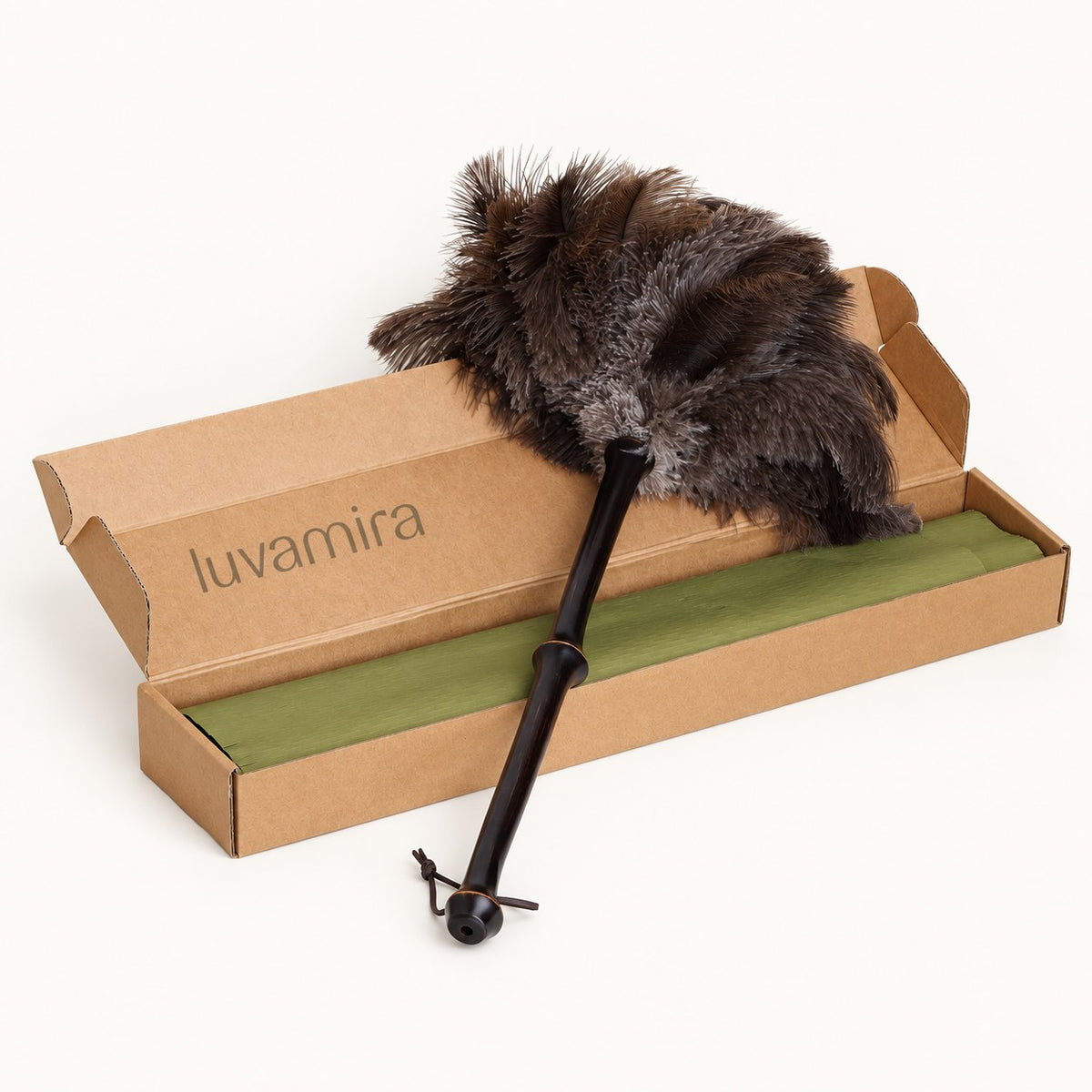 Luvamira Bamboo Reach ostrich feather duster presented in its branded kraft box.