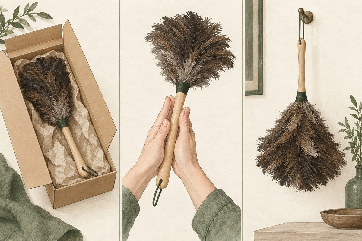 Opening and gently shaking an ostrich feather duster after unpacking
